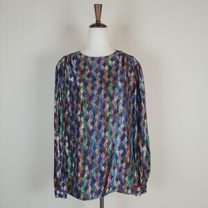 VTG Lloyd Williams Blouse 12 Multicolor Metallic Disco Glam Sparkle Art Deco 80s